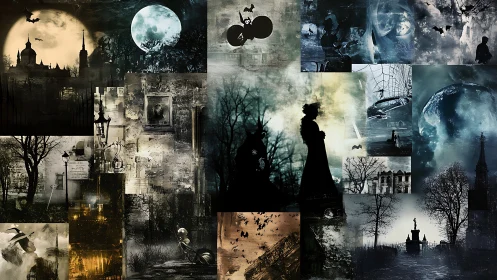 Haunted moonlit cityscapes form a dreamlike gothic collage.