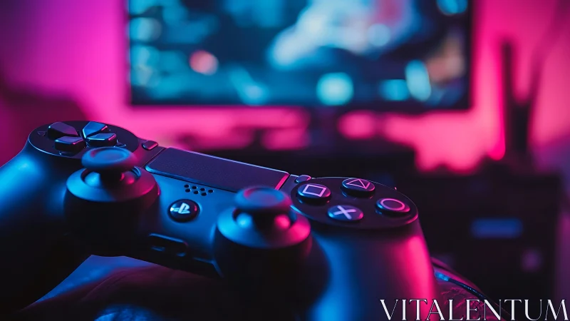 Game controller close-up under neon pink blue lighting.