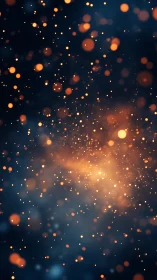 Orange bokeh particles float against dark blue blurred background.