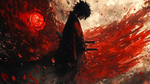Silhouetted swordsman stands amid radial red energy field