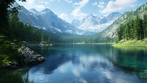 Photorealistic alpine lake vista with glacial mountain range.