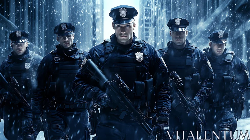 Urban tactical police line advancing through snowfall.