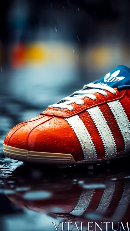 Macro close-up of wet red sneaker showing surface tension droplets