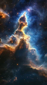 Towering nebula spire amid blue ionized gas and stars.