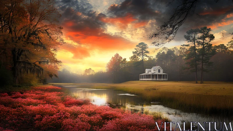 Lakeside farmhouse glows beneath dramatic autumn sunset sky.