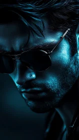 Close-up male portrait in blue light with sunglasses.