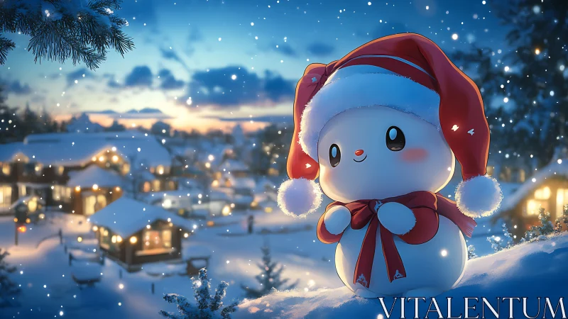 Cartoon snowman in Santa hat on snowy village slope.