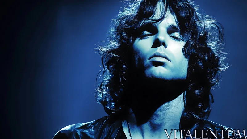 Moody blue portrait of long haired singer in spotlight.