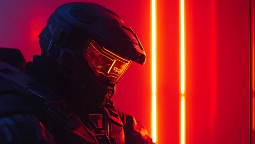 Armored sci fi soldier in neon red corridor glow poised.