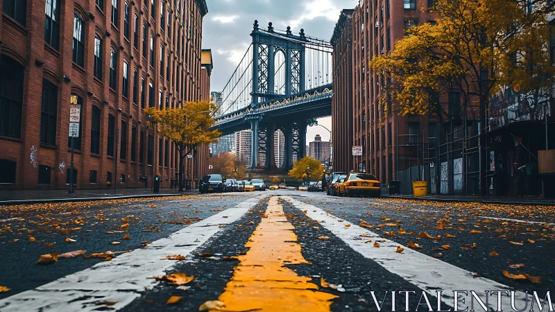Urban street view toward suspension bridge in autumn weather.