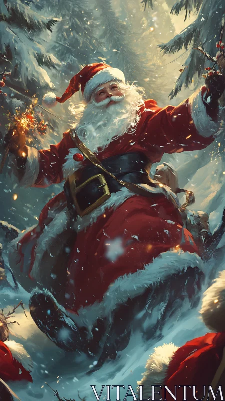 Santa in red coat moving through snowy forest path joyfully.