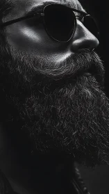 Close cropped side profile shows beard, skin texture and glasses