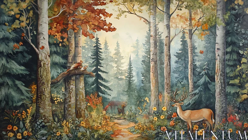 Autumn forest clearing with deer, birds and dense foliage.