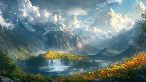 Sunlit waterfall valley unfolds beneath towering mystic peaks