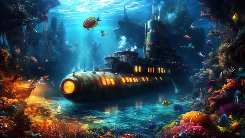 Rustborne submarine drifting through neon coral metropolis.