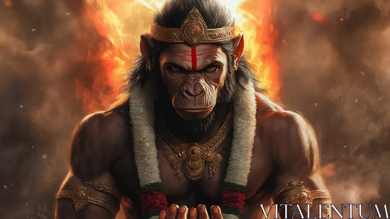 Simian humanoid figure is rendered with ornate armor and flames