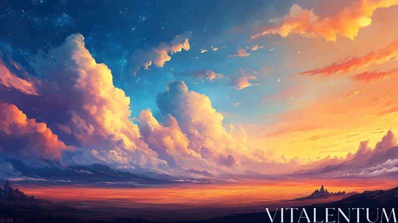 Vivid sunset sky over open landscape with glowing clouds.