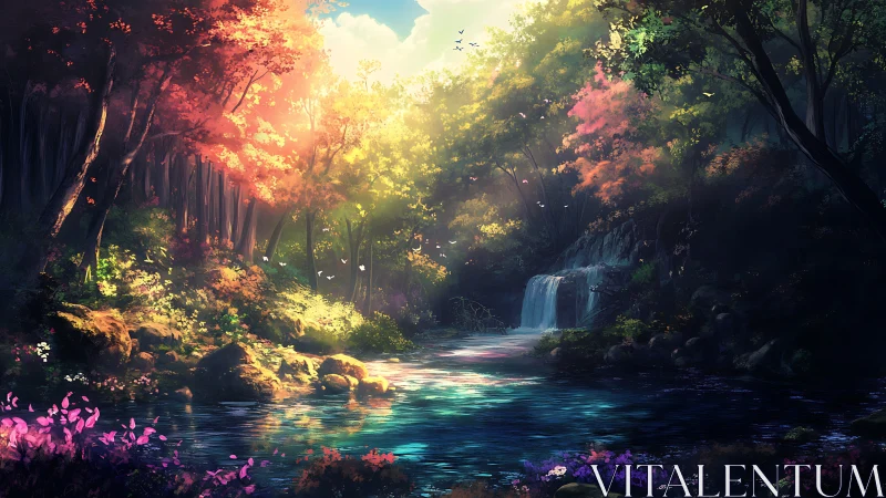 Luminescent Forest Ravine with Crystalline Water and Cascading Waterfall