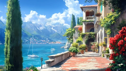 Sunlit lakefront terrace dreaming in Italian coastal color.