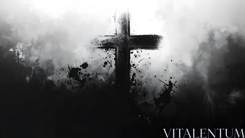 Inkborn cross rises through stormy monochrome mist.