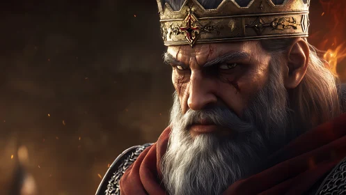 Battle-scarred king portrait under burning light.