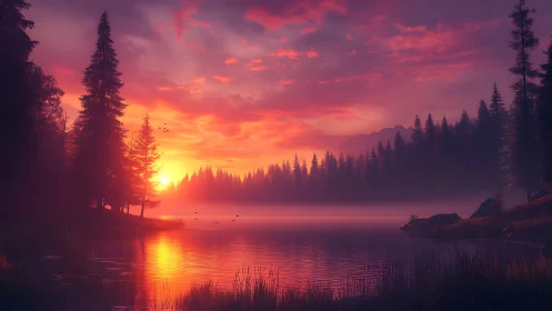 Vibrant sunset over misty forest lake with glowing sky.