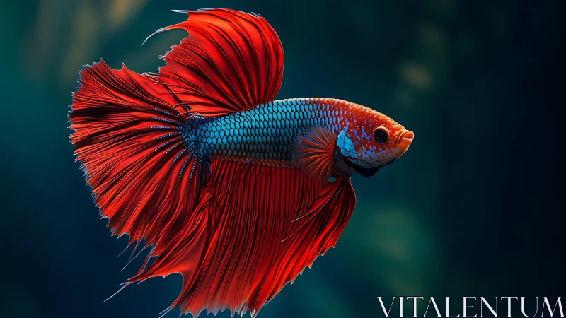 Red and blue betta fish in side profile against dark water.