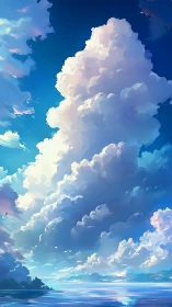 Vertical cumulonimbus formation above reflective coastal water.