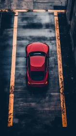Top-down telephoto view of red sports coupe in parking bay