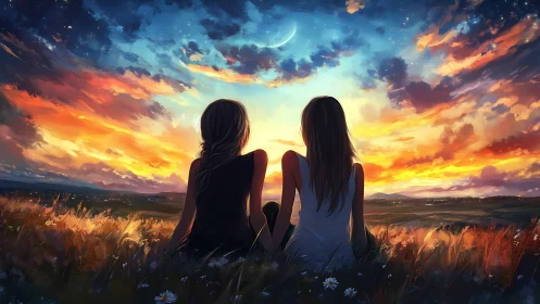 Two friends share a glowing sunset beneath a tender crescent sky