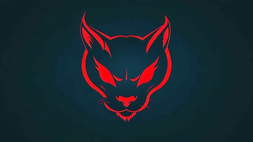 Red feline head outline on dark background in profile view.