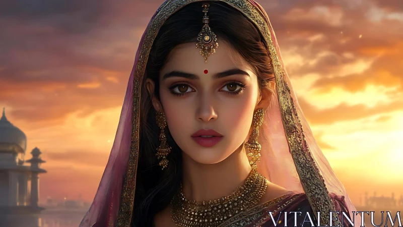 Digital portrait of jeweled bridal visage at sunset horizon.