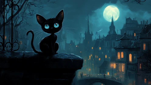 Black Cat with Luminous Eyes Overlooking Moonlit Architectural Cityscape