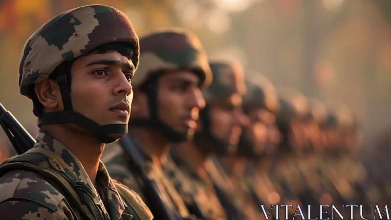 Photorealistic military portrait in shallow depth-of-field formation.