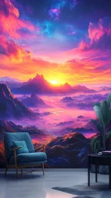 Spectral landscape mural integrates luminous sunset horizon.