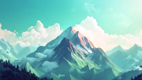 Low poly mountain range under bright teal sky.