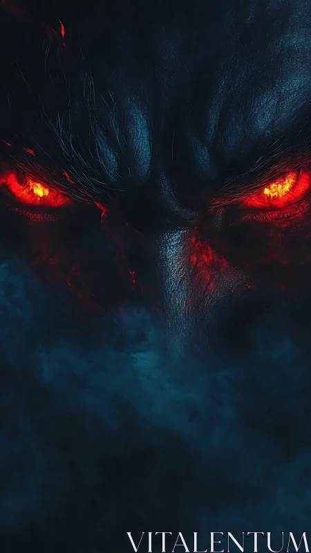 Demonic face with glowing red eyes emerges from dark smoke
