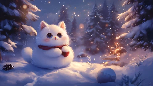 Fluffy winter kitten glowing softly in a magical snowfall.