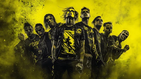 High-contrast yellow-black portrait of gritty rock ensemble