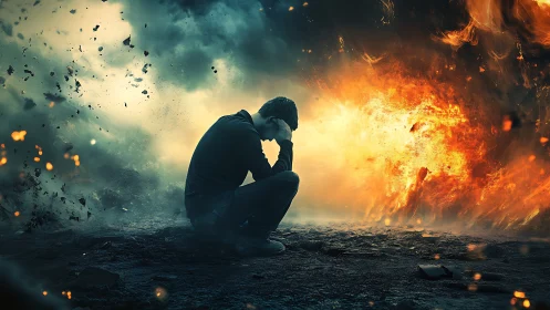 Solitary figure endures inner chaos amid erupting firestorm