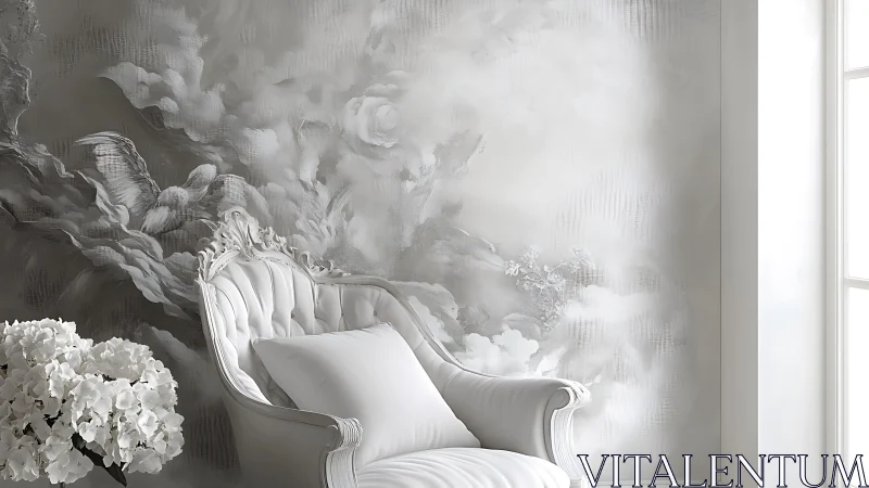 Monochrome rococo lounge with ethereal cloud mural wall treatment.