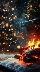 Photorealistic snowy fireplace with burning logs and bokeh lights