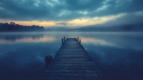 Quiet lakeside pier reaching into soft misty blue dawn.