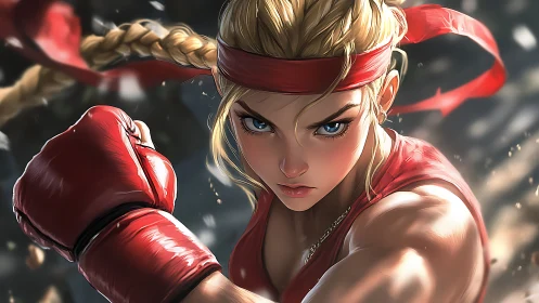 Fierce female boxer in red gloves throwing a strong punch.