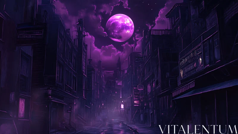 Neon lunar alleyway under violet nocturnal atmospheric haze.