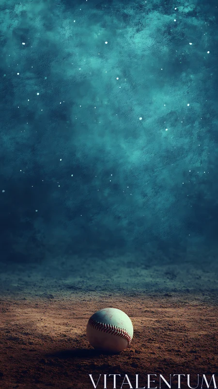 Lone baseball rests on textured infield under moody teal sky