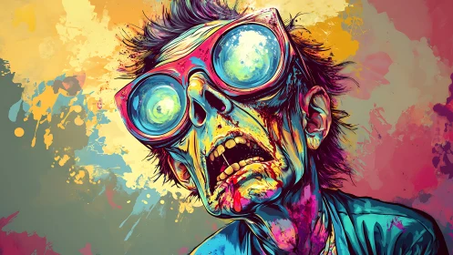 Neon zombie portrait with oversized reflective goggles and splatter