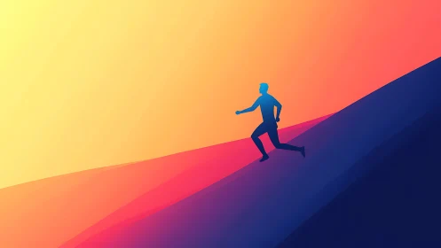 Silhouette of a person runs upward on a sloped gradient landscape