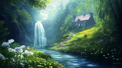 Digital fantasy cottage beside forest waterfall stream.