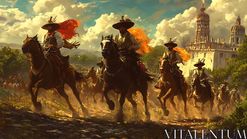 Digital painting of cavalry charge before baroque citadel.